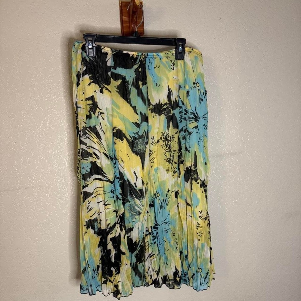 Rafael yellow, blue, and black abstract floral print polyester skirt
